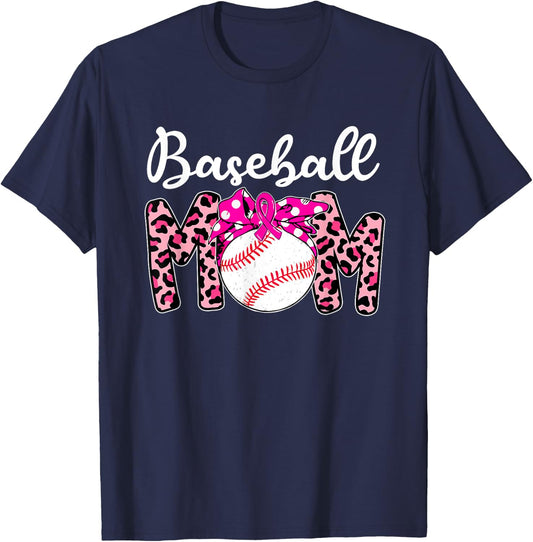 Baseball Mom Pink Ribbon Breast Cancer Awareness Fighters T-Shirt - T-Shirt | Navy