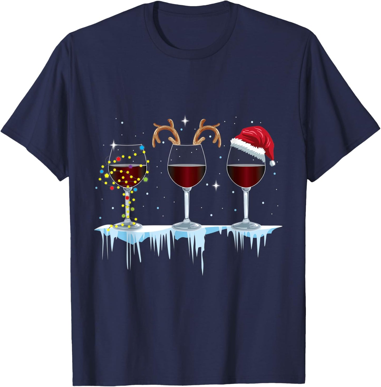 Wine Glasses with Reindeer and Santa and Christmas Lights T-Shirt - T-Shirt | Navy