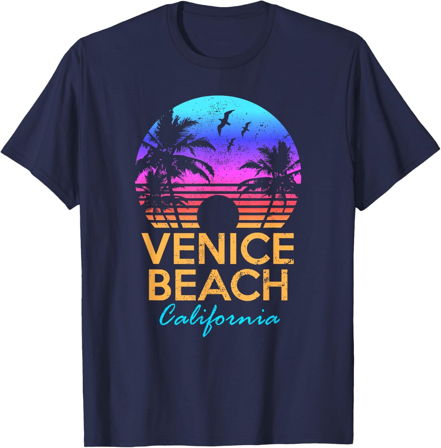 VENICE BEACH CALIFORNIA Retro Sunset Summer Vibes Aesthetic T-Shirt - T-Shirt | Navy