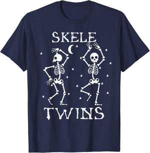 Twins Halloween Matching Skeletwins Funny Dancing Skeletons T-Shirt - T-Shirt | Navy