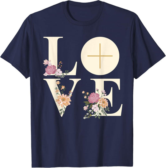 Love Cross Floral Eucharist Liturgy Catholic Christian T-Shirt - T-Shirt | Navy