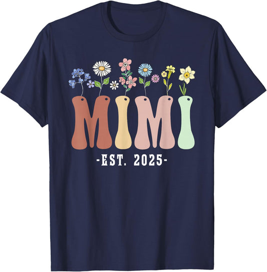 Mimi 2025 Mimi to Be New Mimi Gifts Wildflower Floral Design T-Shirt - T-Shirt | Navy