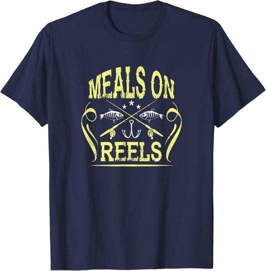 Meals On Reels Funny Fishing Vintage T-Shirt - T-Shirt | Navy