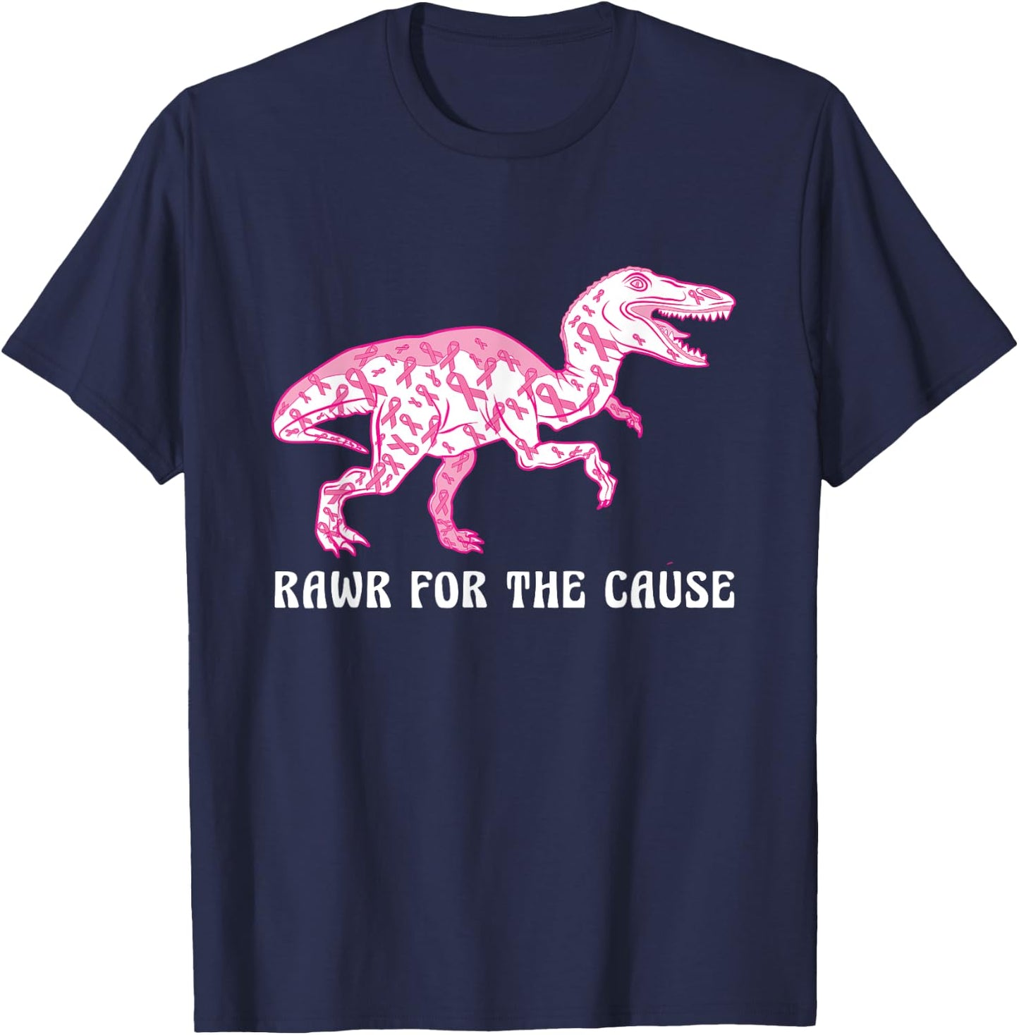 Dinosaur Pink Ribbon Breast Cancer Awareness Month Warrior T-Shirt - T-Shirt | Navy