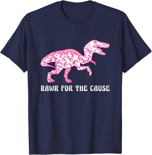 Dinosaur Pink Ribbon Breast Cancer Awareness Month Warrior T-Shirt - T-Shirt | Navy