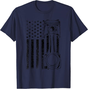 Vintage American Flag Piston Funny Muscle Car Mechanic Gift T-Shirt - T-Shirt | Navy