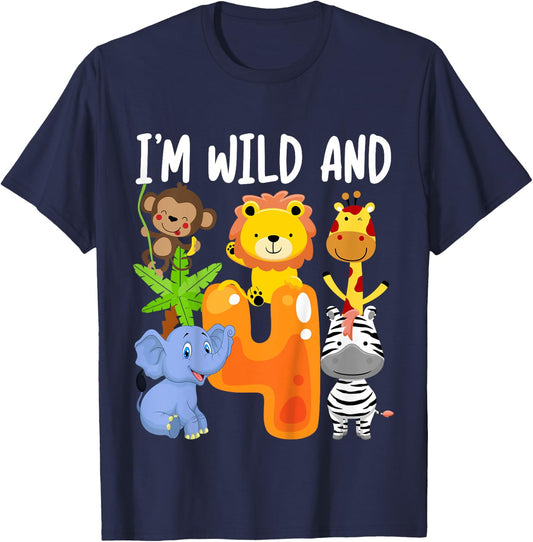 I'm Wild and 4 Four Zoo 4th Birthday Safari Jungle Animals T-Shirt - T-Shirt | Navy