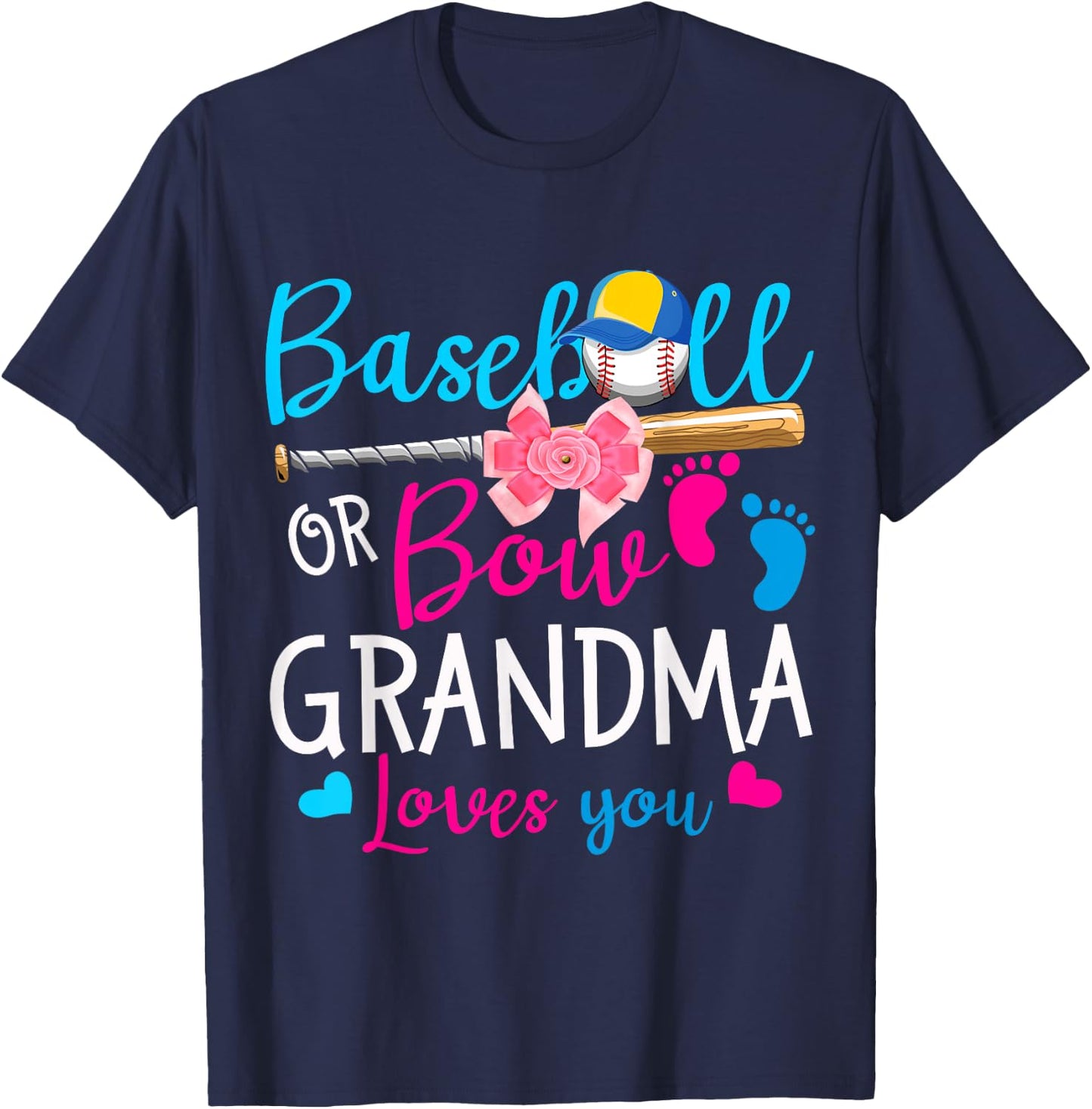 Baseball or Bow Grandma Loves You Baseball Gender Reveal T-Shirt - T-Shirt | Navy