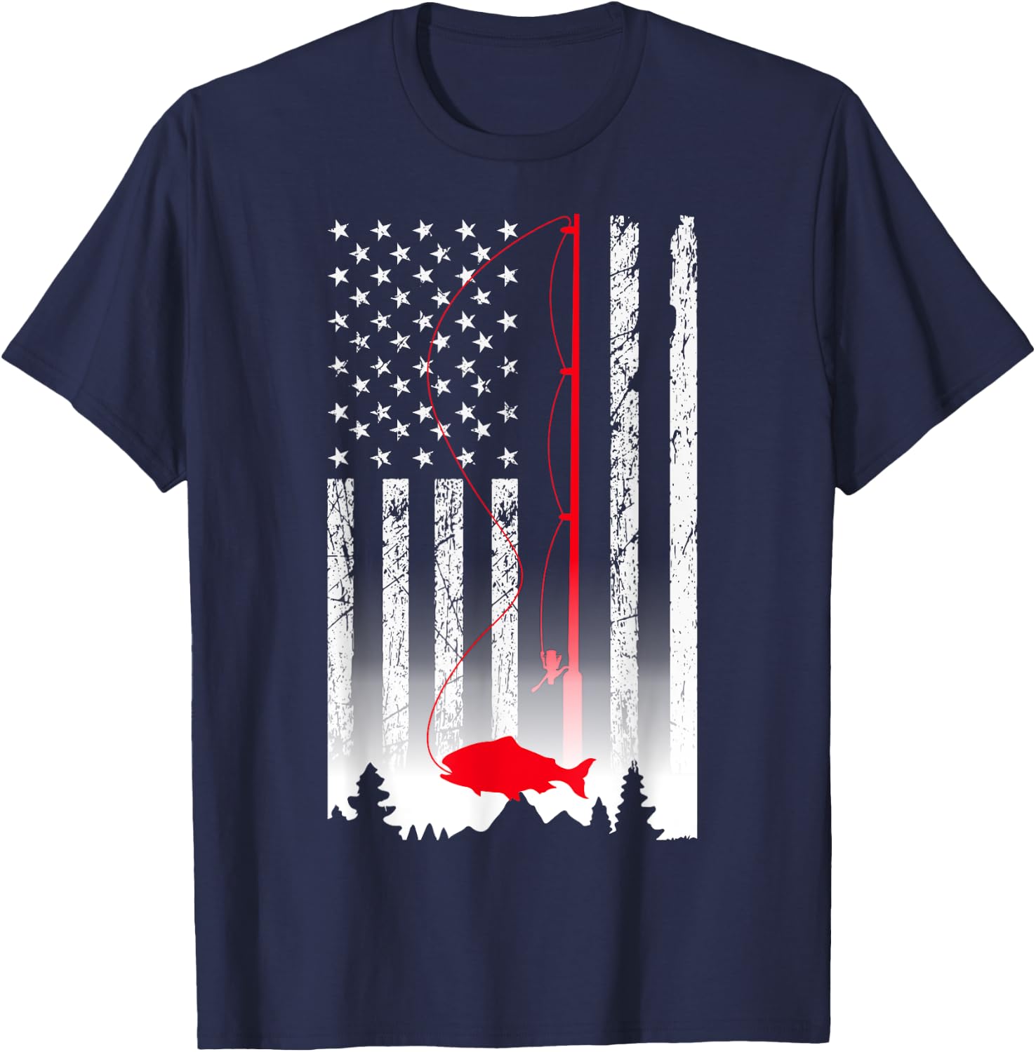 American Flag Fishing Rod USA Patriotic Lover T-Shirt - T-Shirt | Navy