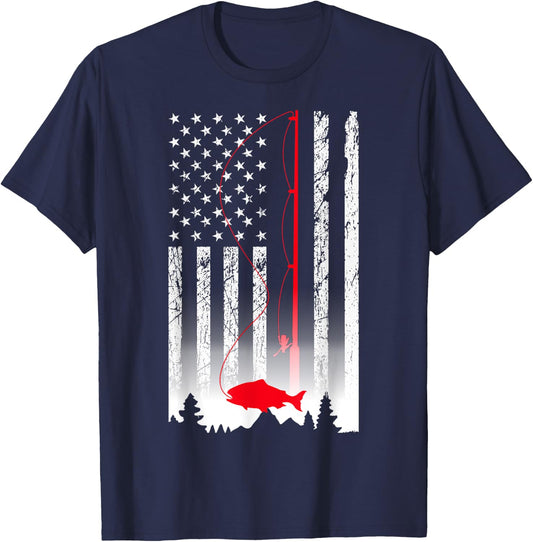 American Flag Fishing Rod USA Patriotic Lover T-Shirt - T-Shirt | Navy