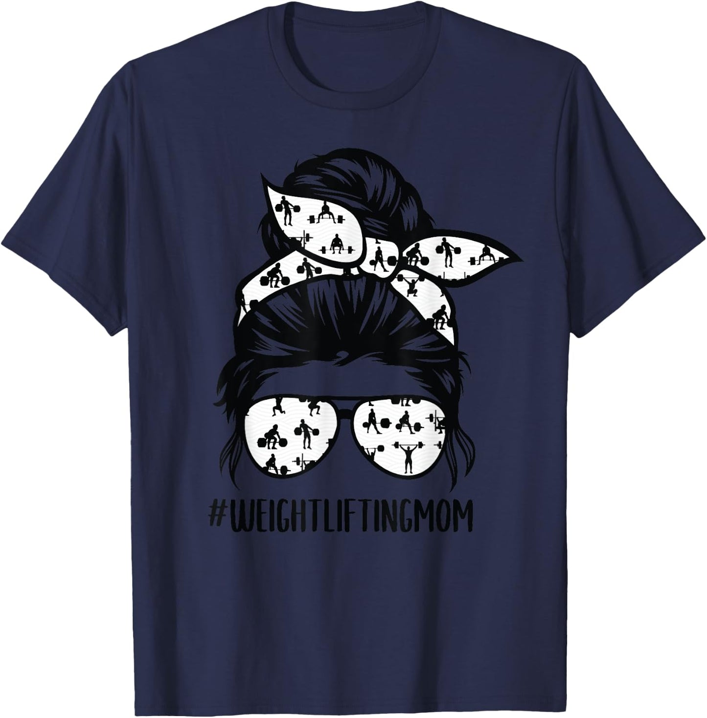 Weightlifting mom life messy bun hair glasses T-Shirt - T-Shirt | Navy
