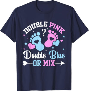 Double Pink Double Blue Mix Twin Gender Announcement Reveal T-Shirt - T-Shirt | Navy