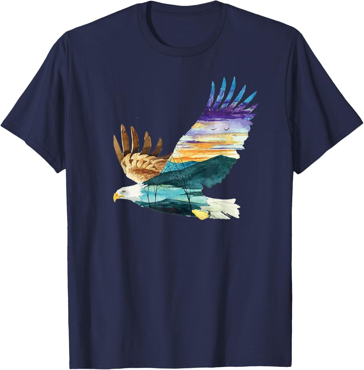 Flying Bald Eagle Mountain Sky Scenary Silhouette T-Shirt - T-Shirt | Navy