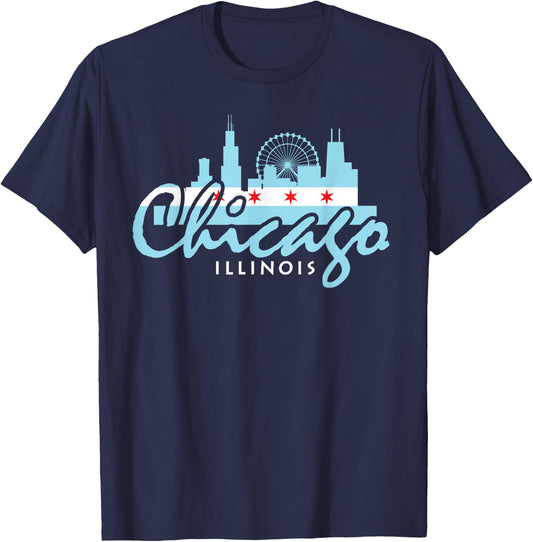 Chicago Illinois Flag Vintage Skyline Shirt Men Women T-Shirt - T-Shirt | Navy