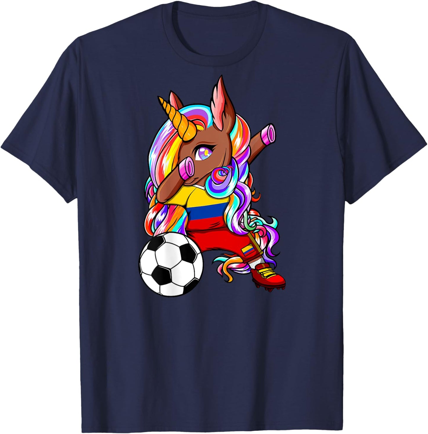 Dabbing Brown Skin Unicorn Colombia Soccer Lovers Football T-Shirt - T-Shirt | Navy