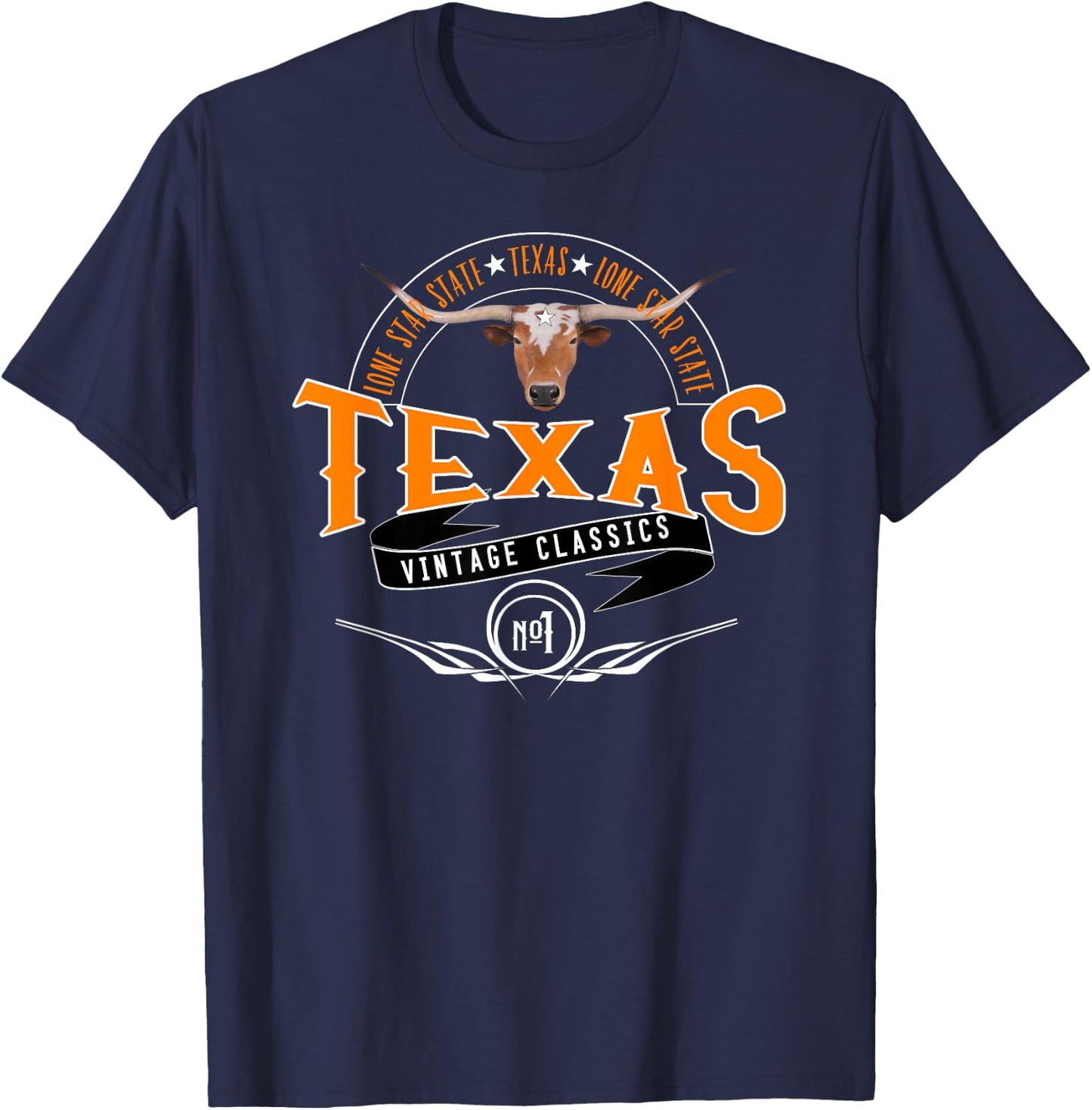 Vintage Classic Style Texas Lone Star Longhorn Design T-Shirt - T-Shirt | Navy
