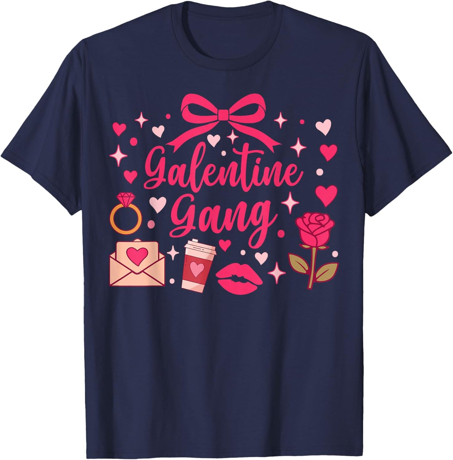 Galentine Gang Coquette Bow Aesthetic Pink Hearts T-Shirt - T-Shirt | Navy