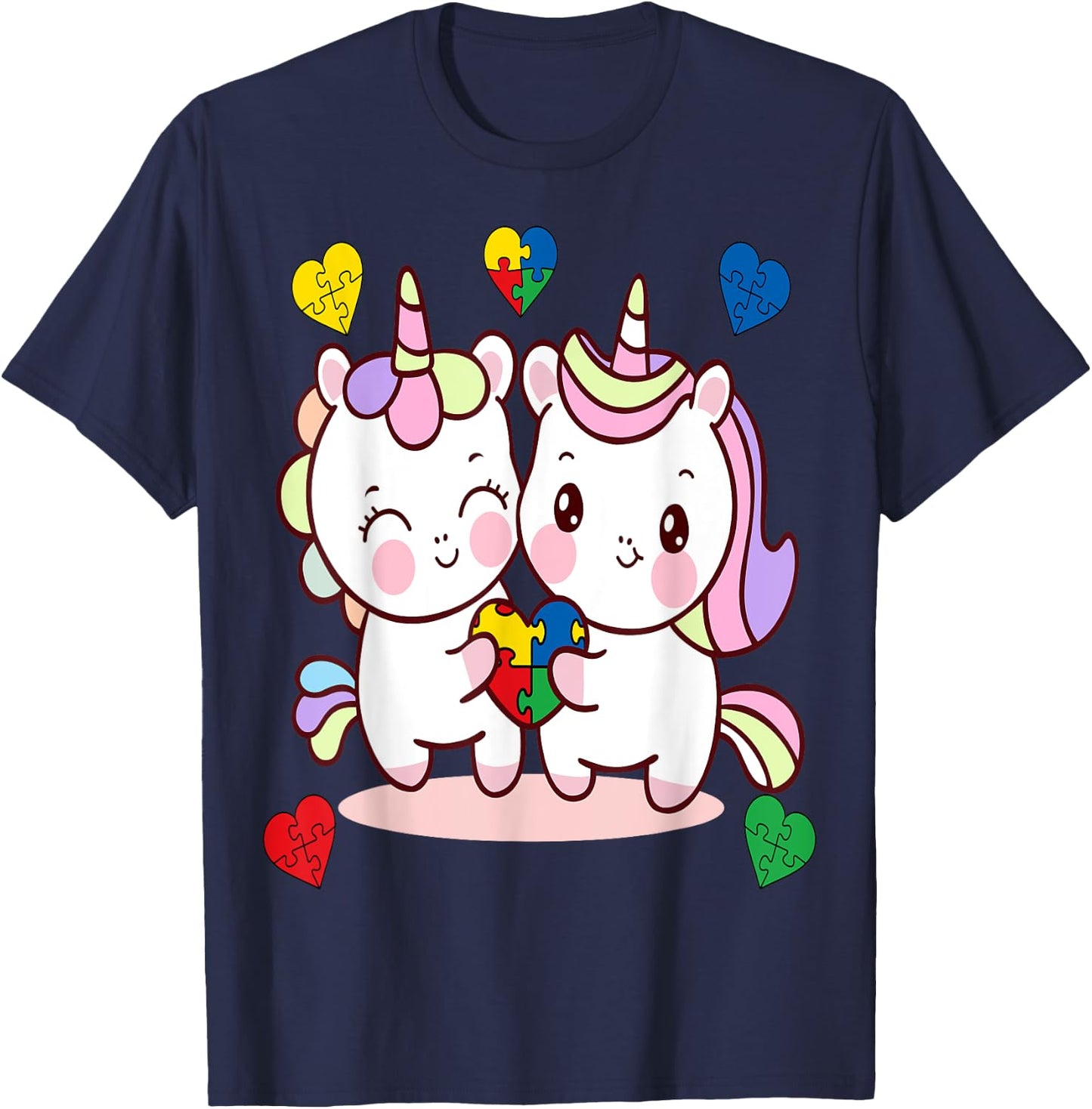 Unicorn Heart Puzzle Piece Autism Awareness Cute Girls T-Shirt - T-Shirt | Navy