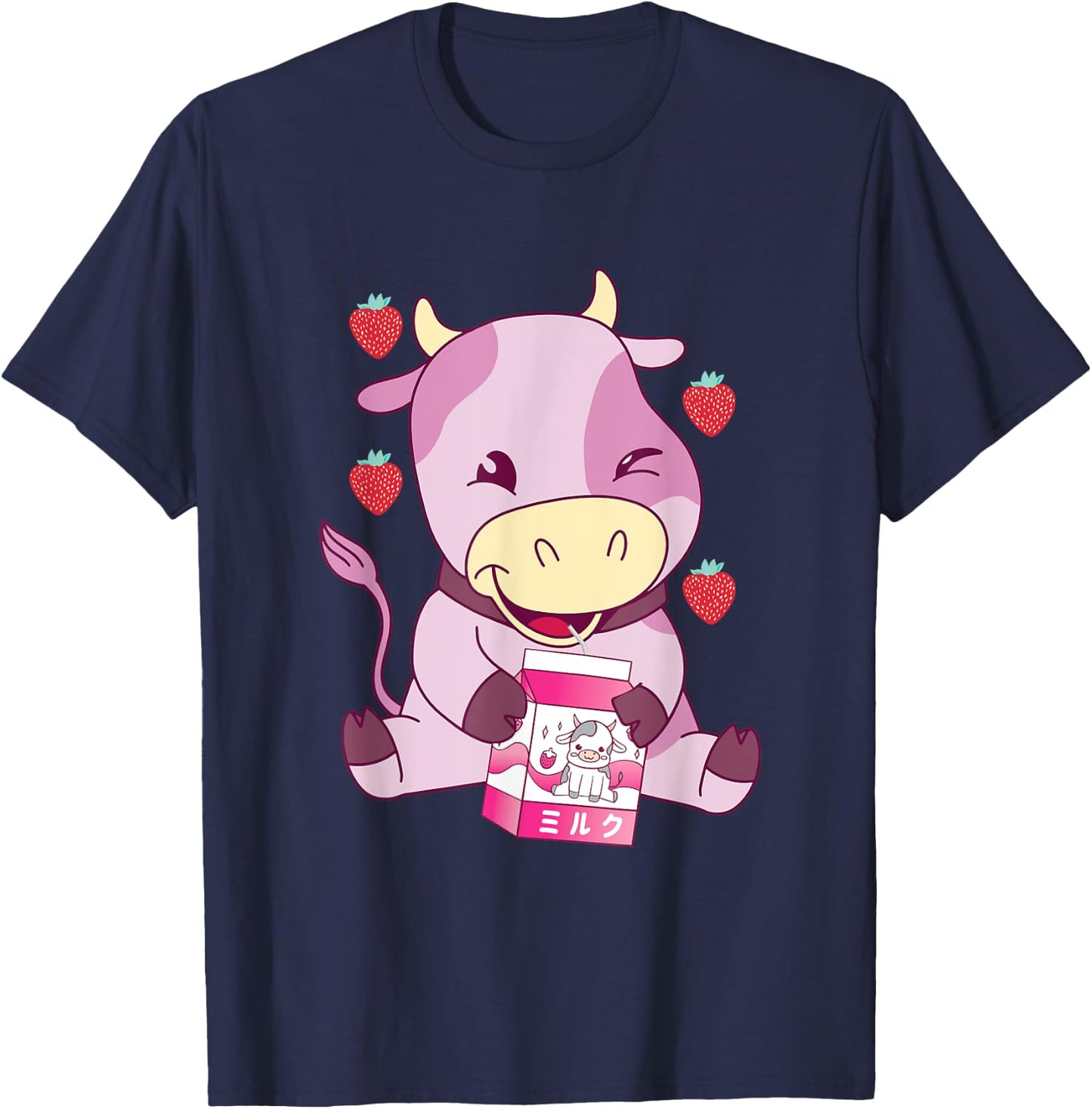 Strawberry Milk Pink Cow Japanese Strawberry Milk Shake T-Shirt - T-Shirt | Navy