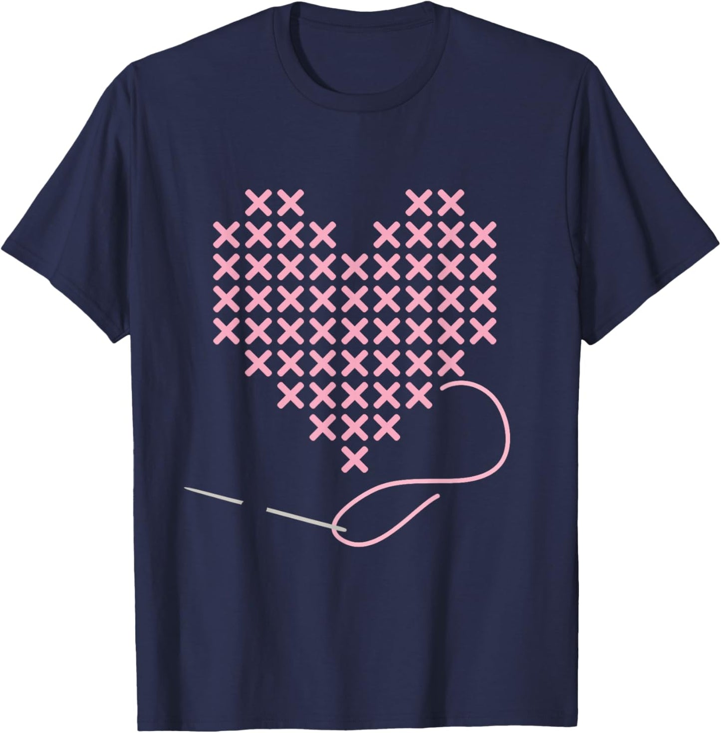 I love Cross Stitch Heart and Needle in Pink T-Shirt - T-Shirt | Navy