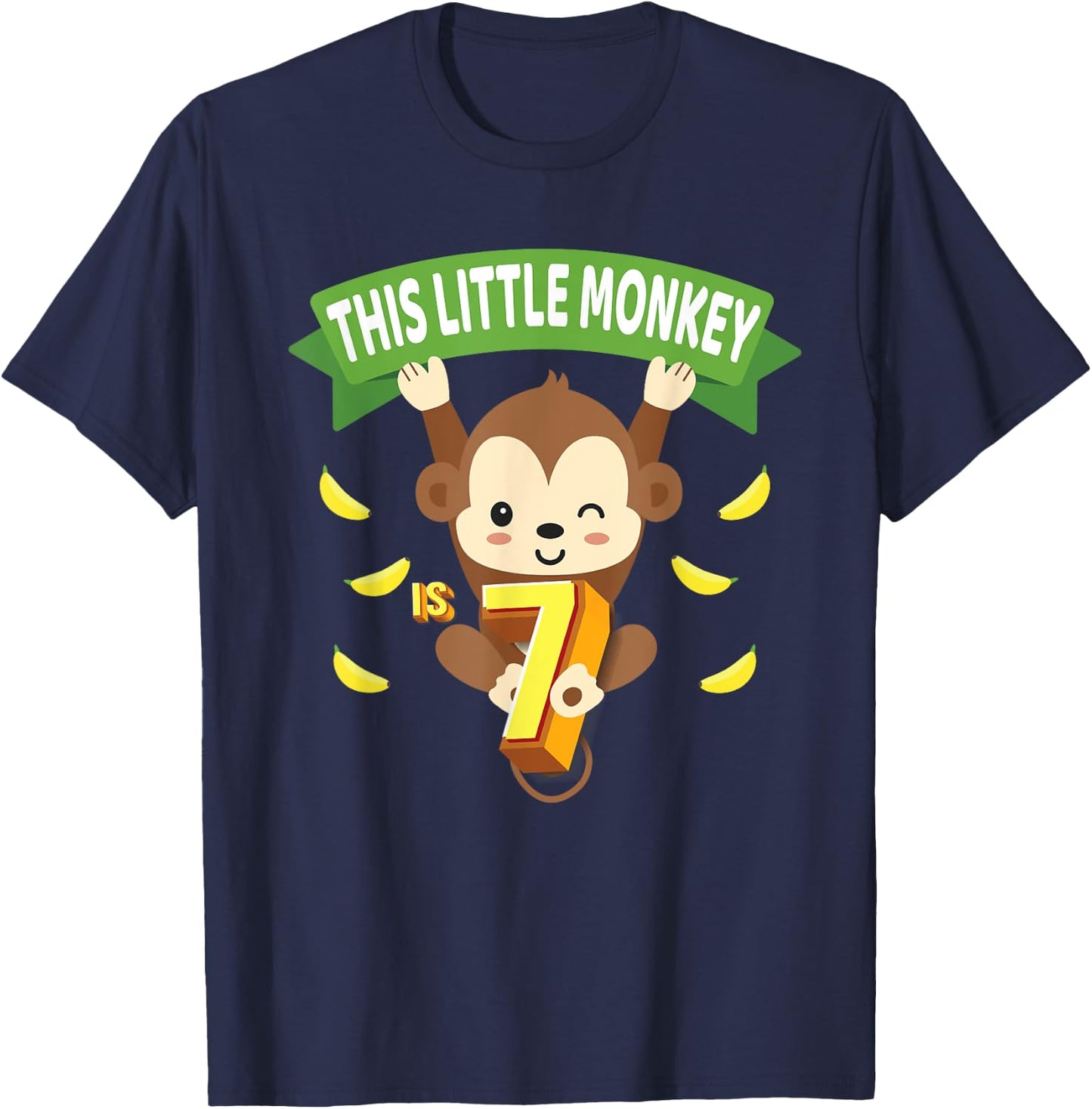 This Little Monkey Is 7 Years Old Kid 7th Birthday Monkeys T-Shirt - T-Shirt | Navy