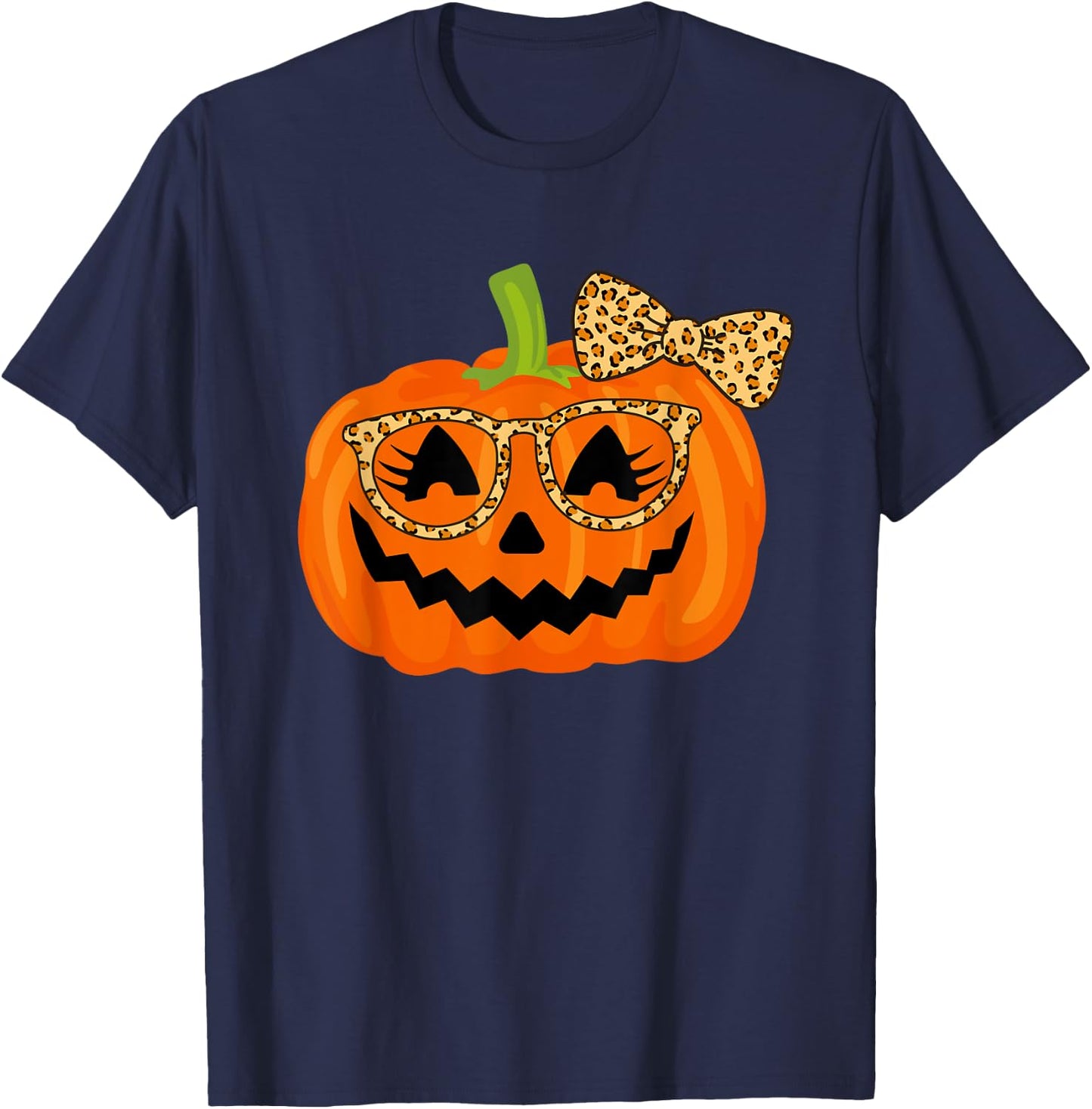Jack O Lantern Face Pumpkin Halloween Leopard Print Glasses T-Shirt - T-Shirt | Navy