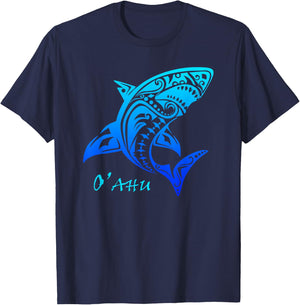 Oahu, Hawaii Vintage Tribal Shark Vacation T-Shirt - T-Shirt | Navy