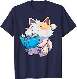 Anime Cat Books Reading English Teacher Kawaii Neko Women Kids T-Shirt - T-Shirt | Navy