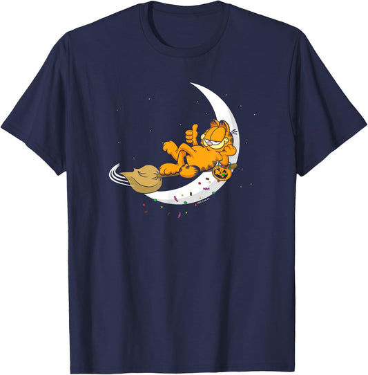 Garfield Halloween Crescent Moon Broom Riding Garfield T-Shirt - T-Shirt | Navy