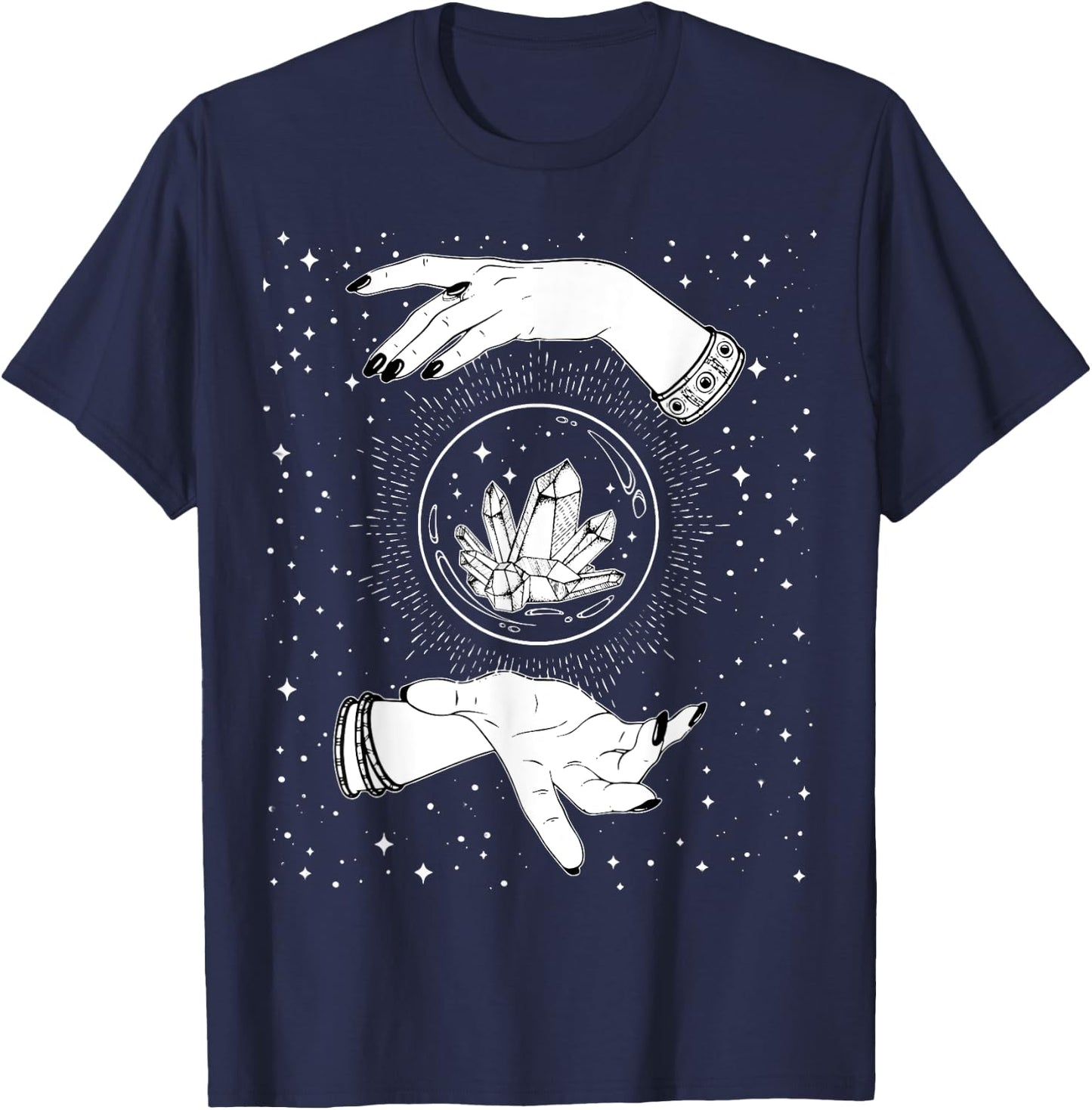 Retro Vintage Witchy Crystal Ball Witch Hands & Stars Black T-Shirt - T-Shirt | Navy