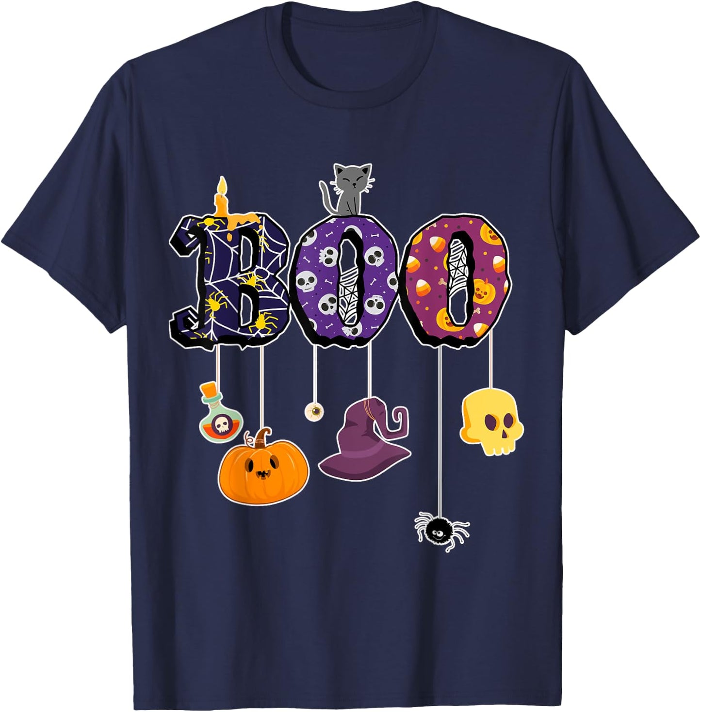 Boo Halloween Costume Spiders, Ghosts, Pumkin & Witch Hat T-Shirt - T-Shirt | Navy
