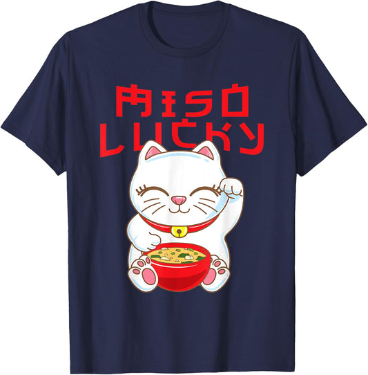 Cute Japanese Maneki Neko Cat Miso Lucky T-Shirt - T-Shirt | Navy