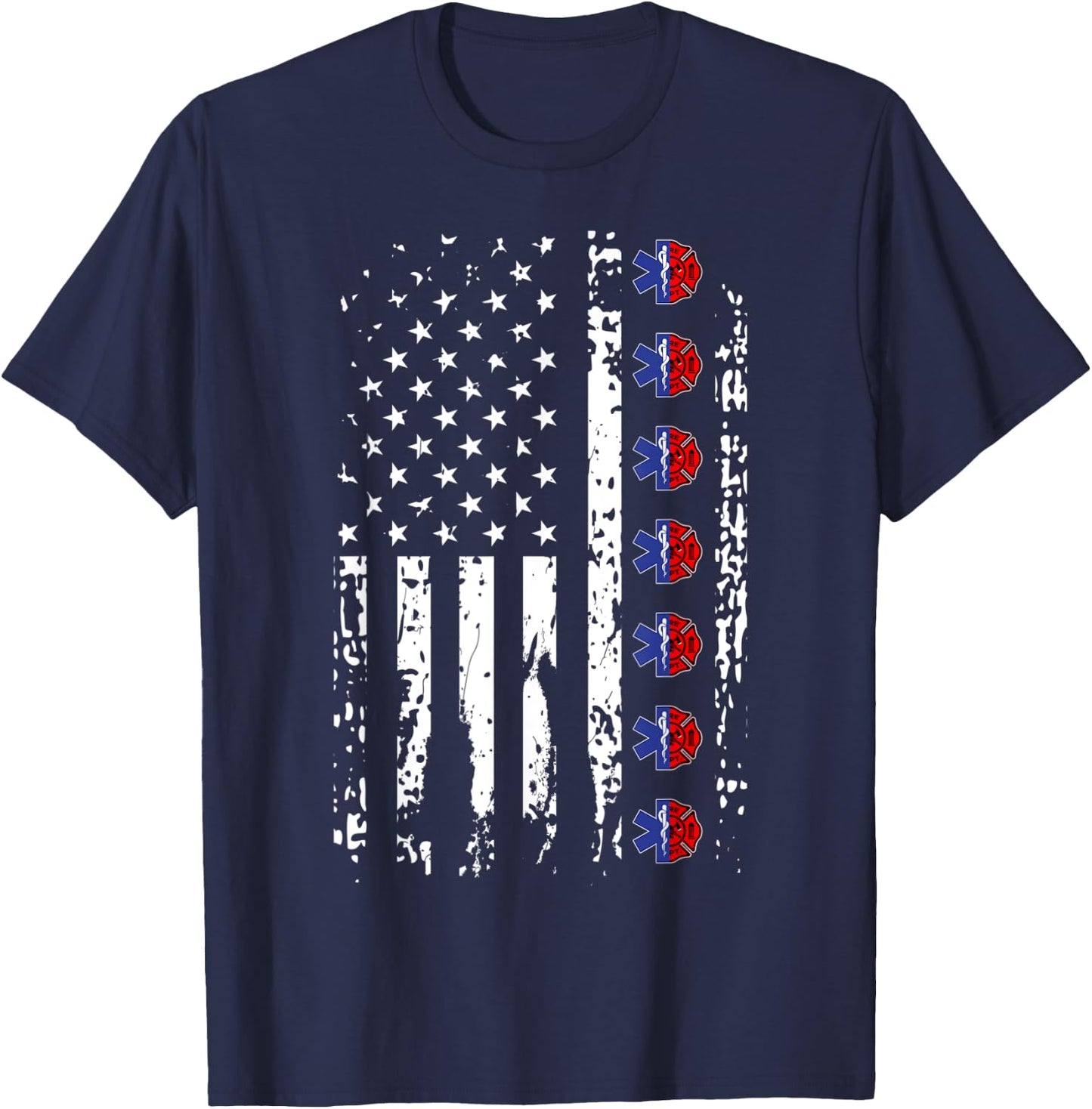 EMT Firefighter Shirt American Flag USA Firefighter EMS T-Shirt - T-Shirt | Navy