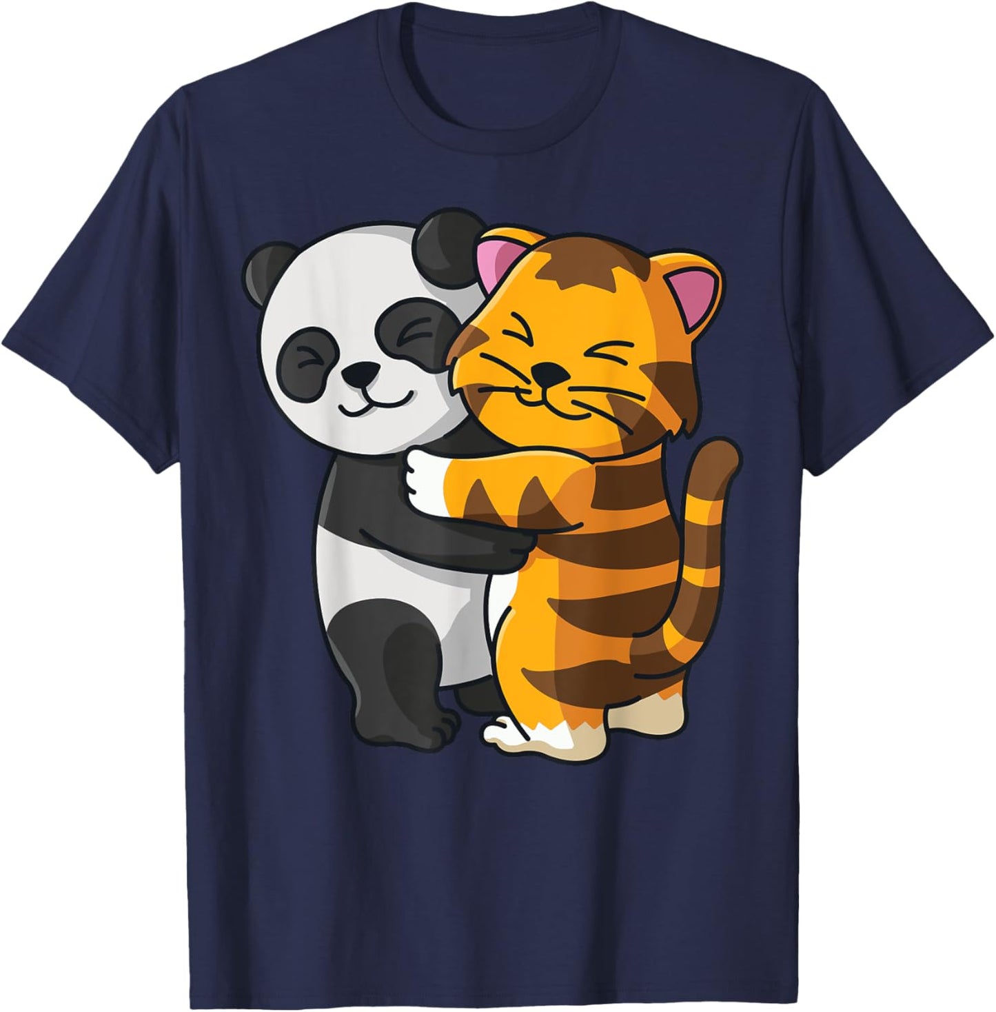 Panda and Tabby Cat Tiger cute Hug Cuddle Animals Cuddling Women Kids T-Shirt - T-Shirt | Navy