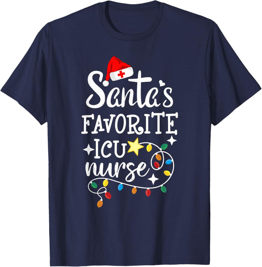 Merry Christmas Nurse Crew RN Santa's Favorite ICU Nurse T-Shirt - T-Shirt | Navy
