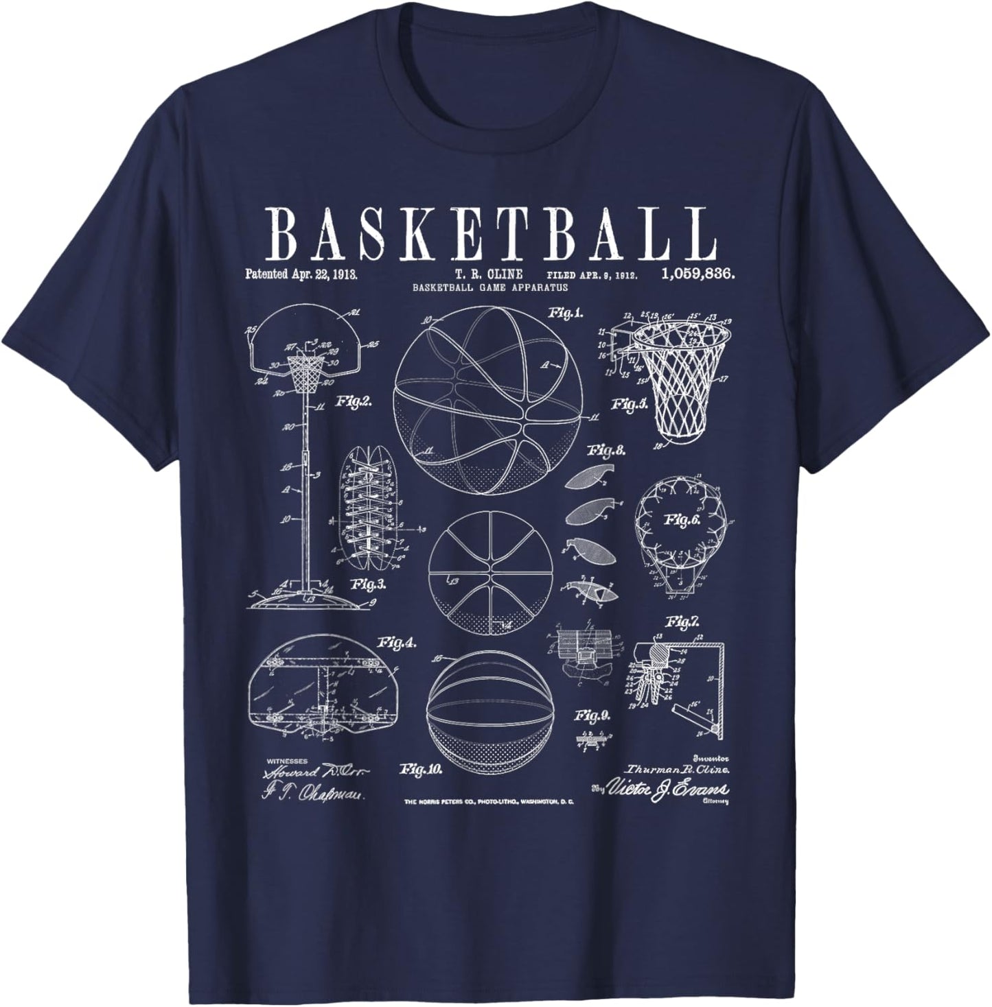 Basketball Old Vintage Patent Drawing Print T-Shirt - T-Shirt | Navy