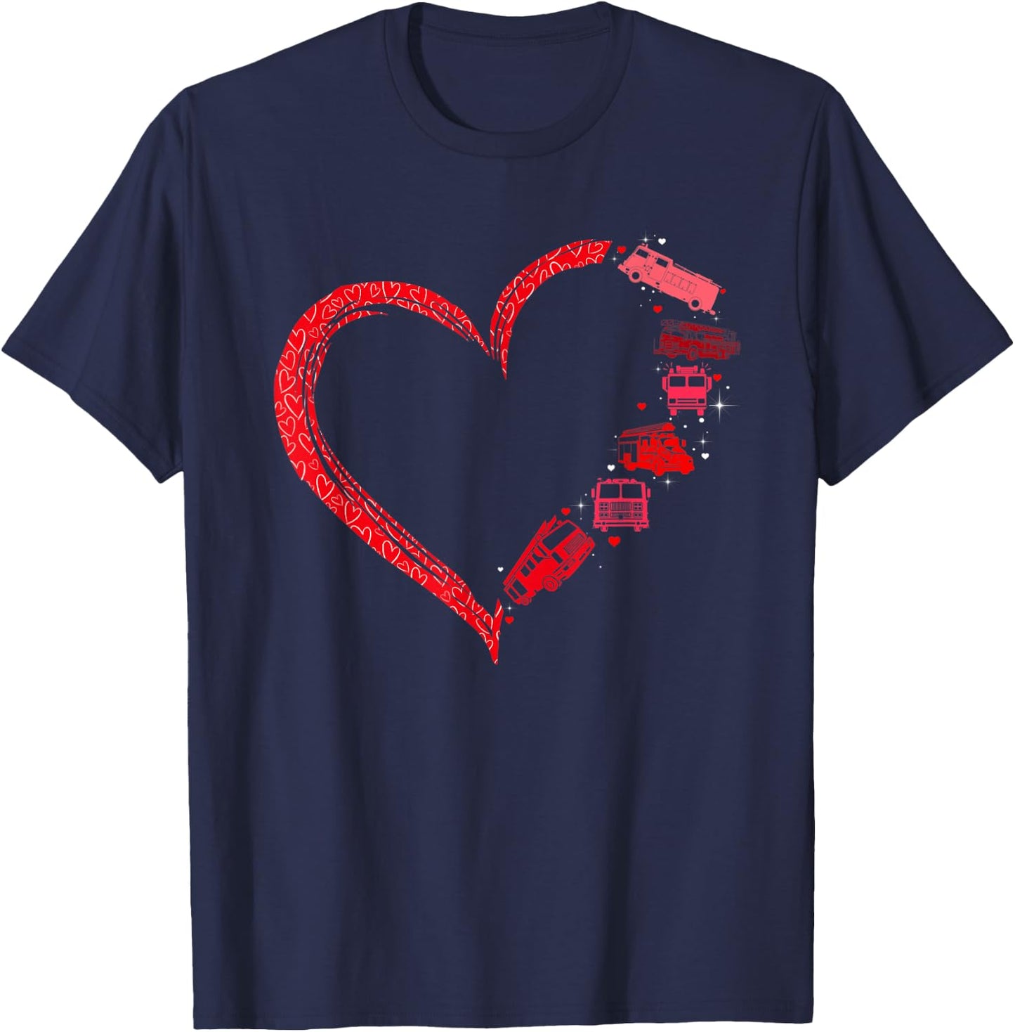 Firefighter Heart Matching Fire Trucks Design Valentines Day T-Shirt - T-Shirt | Navy