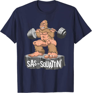 Sas Squattin, Sasquatch Bigfoot Weightlifting Leg Day T-Shirt - T-Shirt | Navy