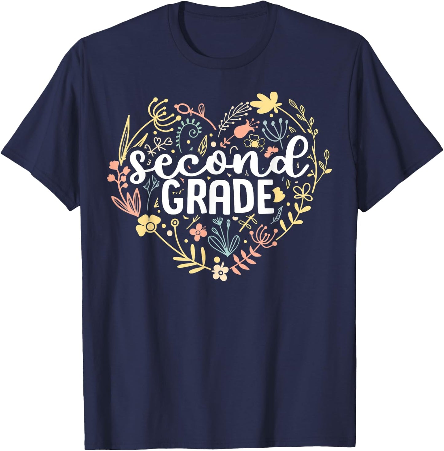 2nd Second Grade Floral Heart Back To School Teacher Girls T-Shirt - T-Shirt | Navy