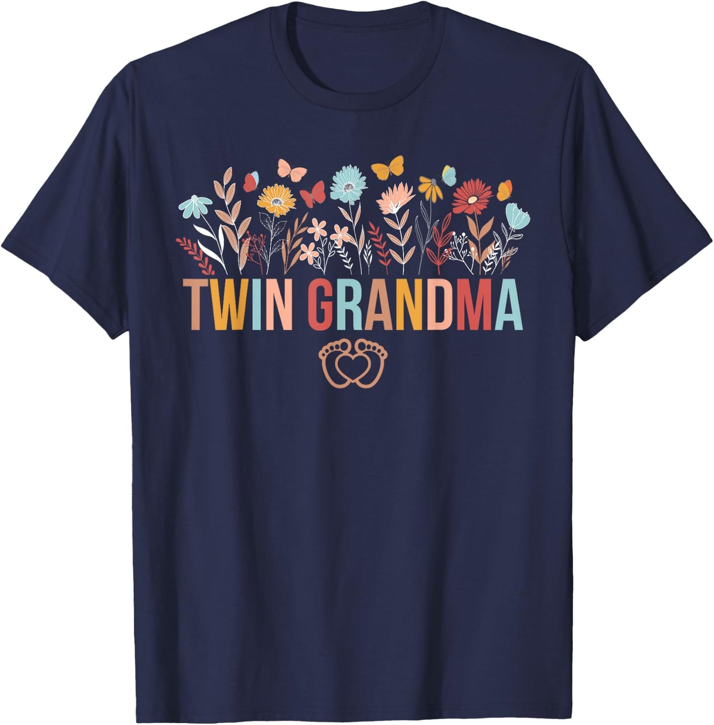 Twin Grandma Flowers Twin Grandmother Of Twins T-Shirt - T-Shirt | Navy