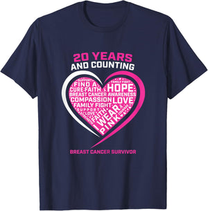 20 Year Cancer Free Breast Cancer Survivor Awareness Graphic T-Shirt - T-Shirt | Navy