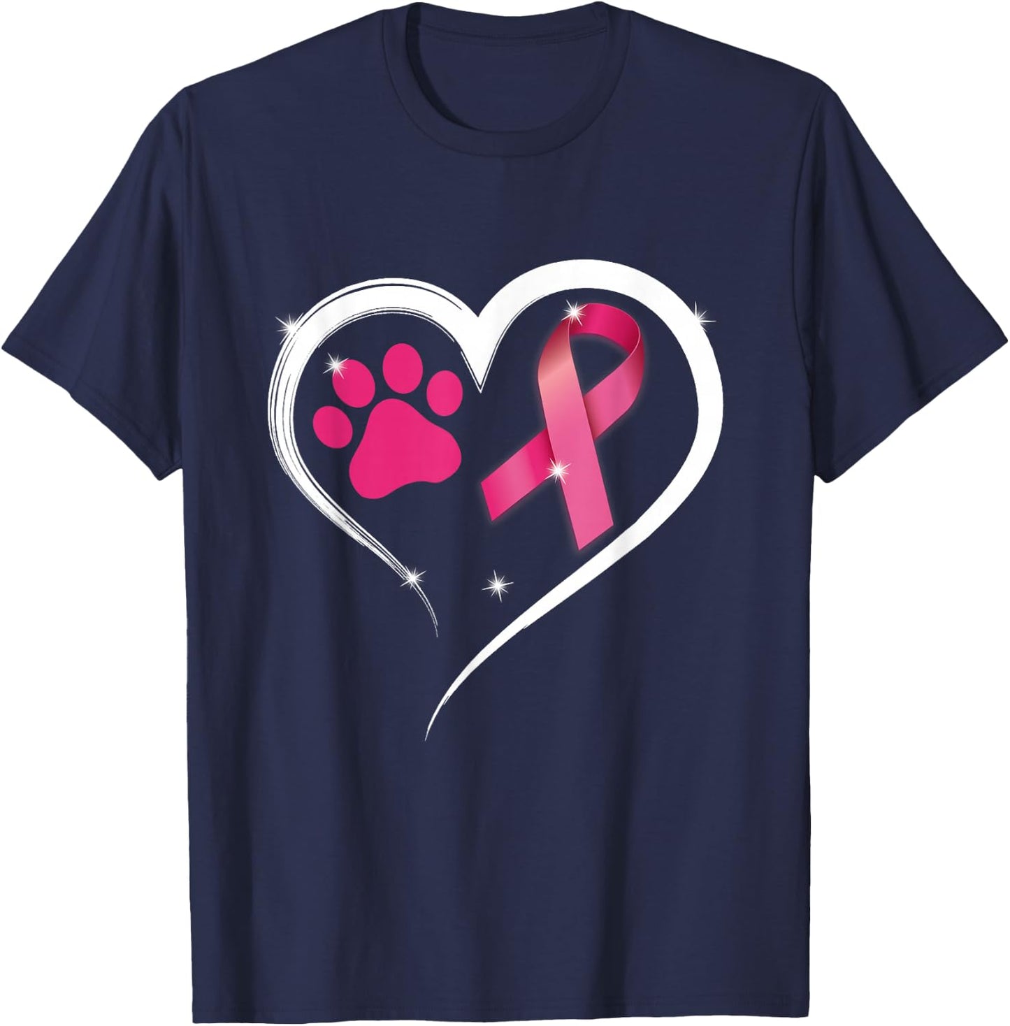 Heart Dog Paw Print Pink Ribbon Breast Cancer Awareness T-Shirt - T-Shirt | Navy