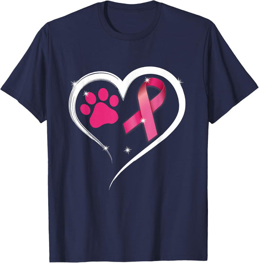 Heart Dog Paw Print Pink Ribbon Breast Cancer Awareness T-Shirt - T-Shirt | Navy