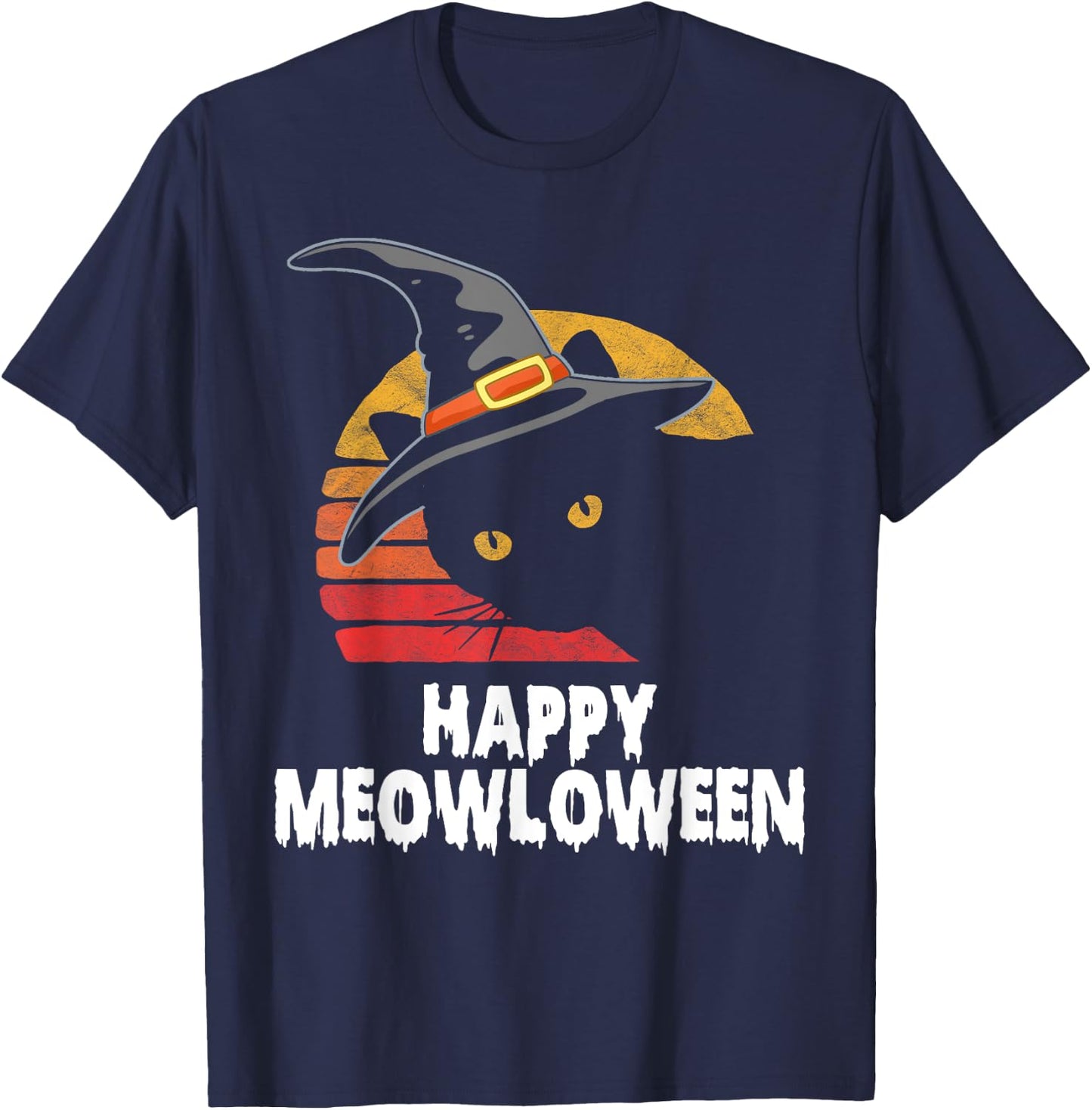 Happy Meowloween! Funny Cat Witch's Hat Halloween 80s Sunset T-Shirt - T-Shirt | Navy