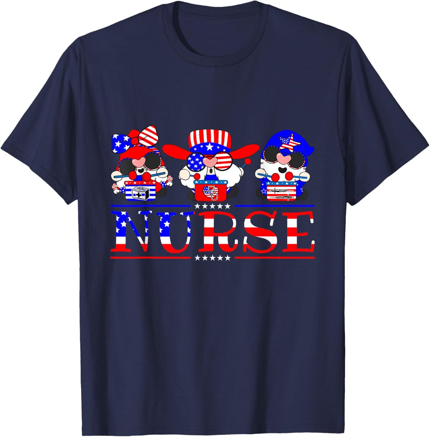 Nurse Gnomies 4th Of July Cute Gnome Nursing RN Memorial Day T-Shirt - T-Shirt | Navy