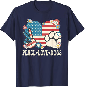 Peace Love Dogs American Flag Patriotic Dog Lover Retro Dog T-Shirt - T-Shirt | Navy