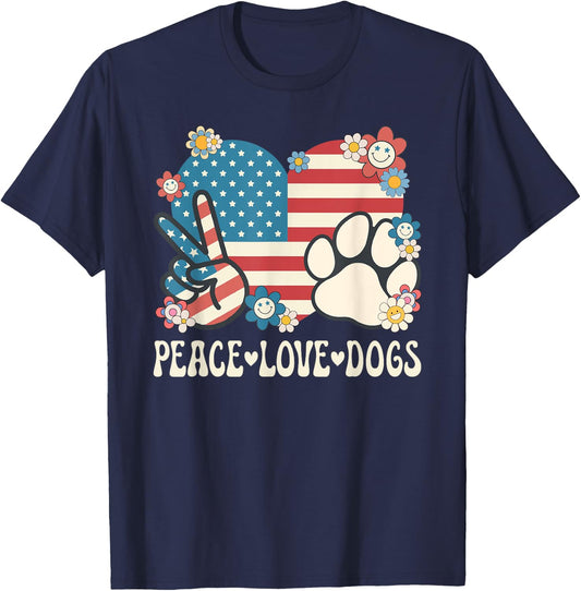 Peace Love Dogs American Flag Patriotic Dog Lover Retro Dog T-Shirt - T-Shirt | Navy