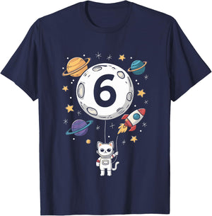 Kids 6 Year Old Birthday Cat Astronaut 6th Birthday T-Shirt - T-Shirt | Navy