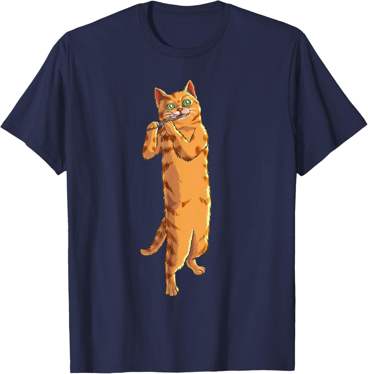 Funny Cat Playing Piccolo | Cool Animal Musician Love Gift Women Girls Kids T-Shirt - T-Shirt | Navy