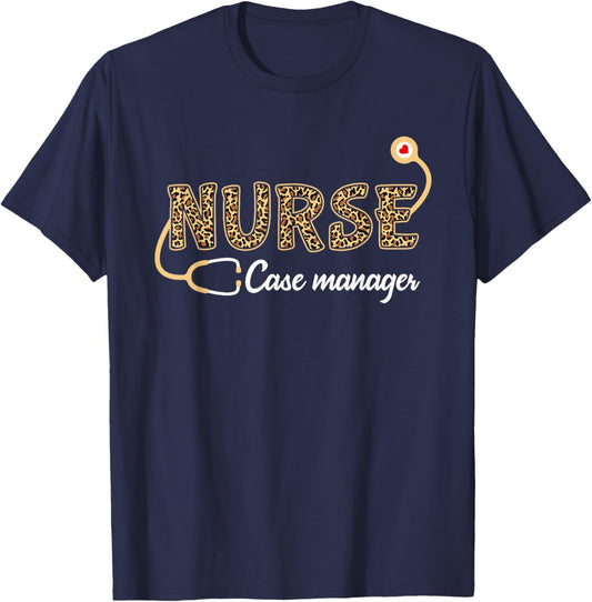 Nurse Case Manager Leopard Print Stethoscope Heart Nursing T-Shirt - T-Shirt | Navy